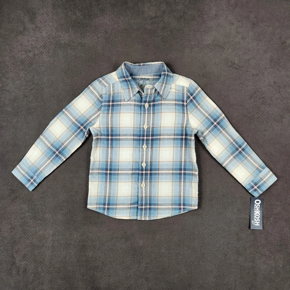 OshKosh B'gosh Shirt Boys 3T Blue Plaid Flannel Long Sleeve Button Down NEW